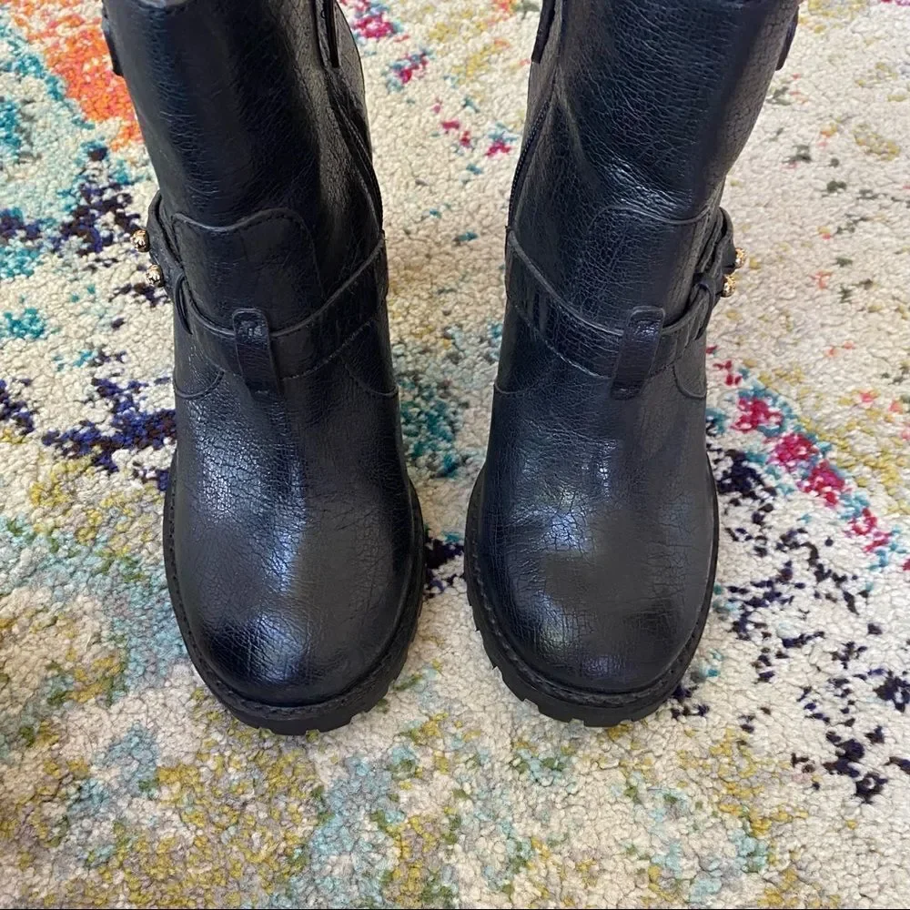 Tory Burch Landers Moto Leather Ankle Boots Bootie Black Gold Stud Size 10.5
